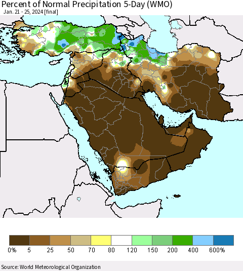 Middle East and Turkey Percent of Normal Precipitation 5-Day (WMO) Thematic Map For 1/21/2024 - 1/25/2024