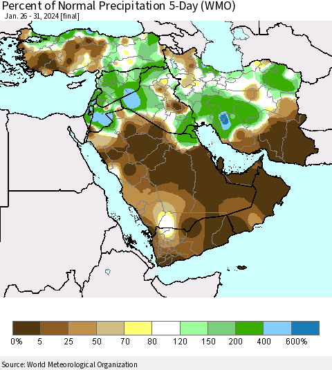 Middle East and Turkey Percent of Normal Precipitation 5-Day (WMO) Thematic Map For 1/26/2024 - 1/31/2024