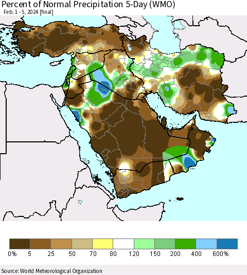 Middle East and Turkey Percent of Normal Precipitation 5-Day (WMO) Thematic Map For 2/1/2024 - 2/5/2024
