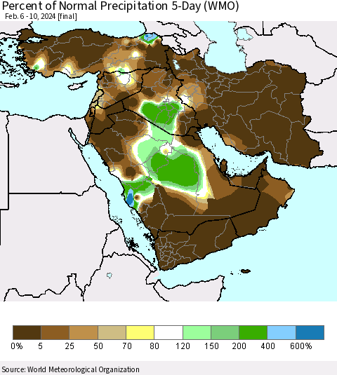 Middle East and Turkey Percent of Normal Precipitation 5-Day (WMO) Thematic Map For 2/6/2024 - 2/10/2024