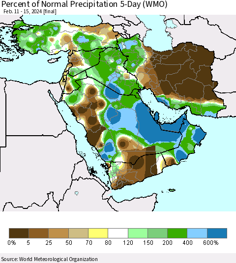Middle East and Turkey Percent of Normal Precipitation 5-Day (WMO) Thematic Map For 2/11/2024 - 2/15/2024
