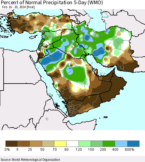 Middle East and Turkey Percent of Normal Precipitation 5-Day (WMO) Thematic Map For 2/16/2024 - 2/20/2024