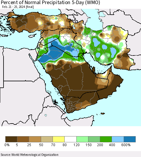 Middle East and Turkey Percent of Normal Precipitation 5-Day (WMO) Thematic Map For 2/21/2024 - 2/25/2024