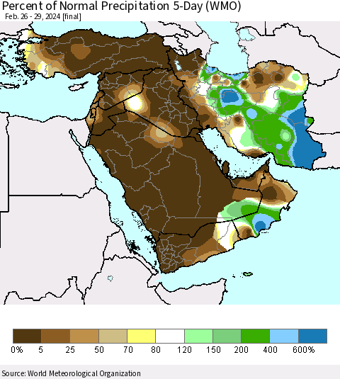 Middle East and Turkey Percent of Normal Precipitation 5-Day (WMO) Thematic Map For 2/26/2024 - 2/29/2024