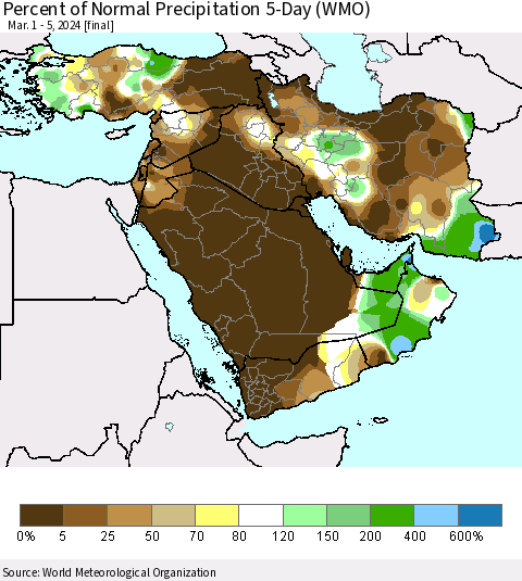 Middle East and Turkey Percent of Normal Precipitation 5-Day (WMO) Thematic Map For 3/1/2024 - 3/5/2024