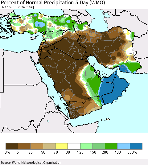Middle East and Turkey Percent of Normal Precipitation 5-Day (WMO) Thematic Map For 3/6/2024 - 3/10/2024