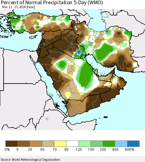 Middle East and Turkey Percent of Normal Precipitation 5-Day (WMO) Thematic Map For 3/11/2024 - 3/15/2024