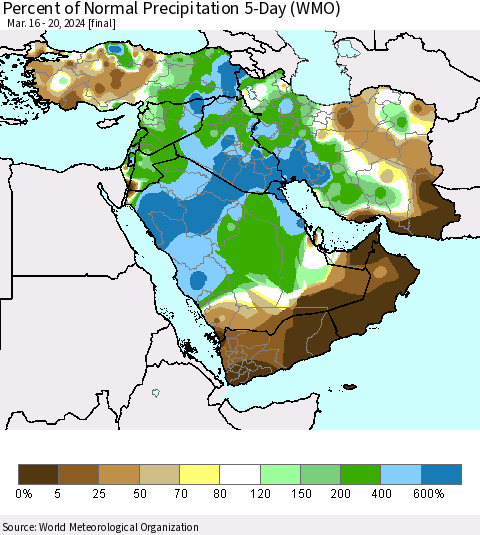 Middle East and Turkey Percent of Normal Precipitation 5-Day (WMO) Thematic Map For 3/16/2024 - 3/20/2024