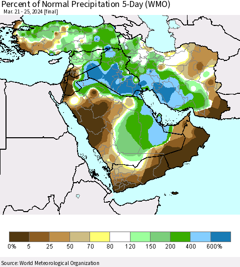 Middle East and Turkey Percent of Normal Precipitation 5-Day (WMO) Thematic Map For 3/21/2024 - 3/25/2024