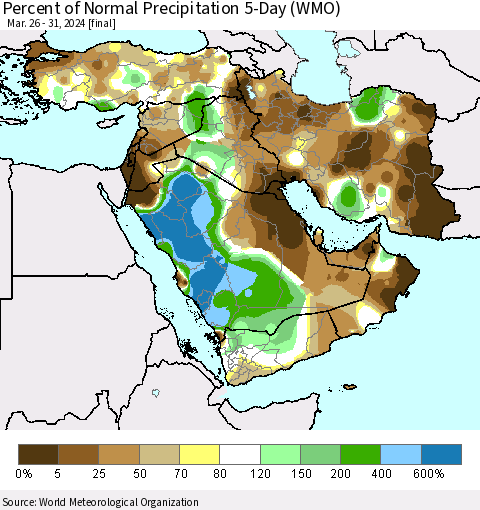 Middle East and Turkey Percent of Normal Precipitation 5-Day (WMO) Thematic Map For 3/26/2024 - 3/31/2024