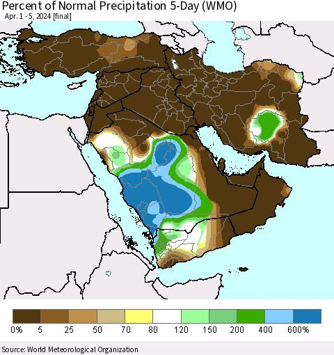 Middle East and Turkey Percent of Normal Precipitation 5-Day (WMO) Thematic Map For 4/1/2024 - 4/5/2024