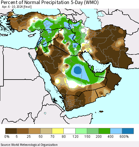 Middle East and Turkey Percent of Normal Precipitation 5-Day (WMO) Thematic Map For 4/6/2024 - 4/10/2024