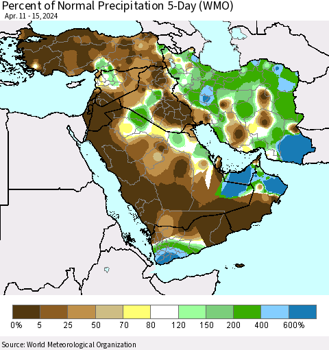 Middle East and Turkey Percent of Normal Precipitation 5-Day (WMO) Thematic Map For 4/11/2024 - 4/15/2024