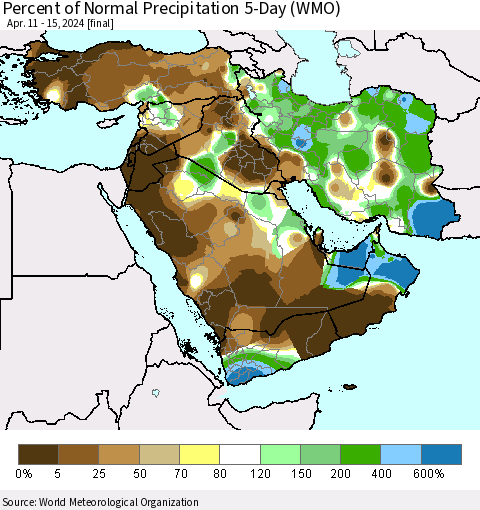 Middle East and Turkey Percent of Normal Precipitation 5-Day (WMO) Thematic Map For 4/11/2024 - 4/15/2024