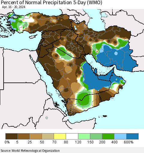 Middle East and Turkey Percent of Normal Precipitation 5-Day (WMO) Thematic Map For 4/16/2024 - 4/20/2024