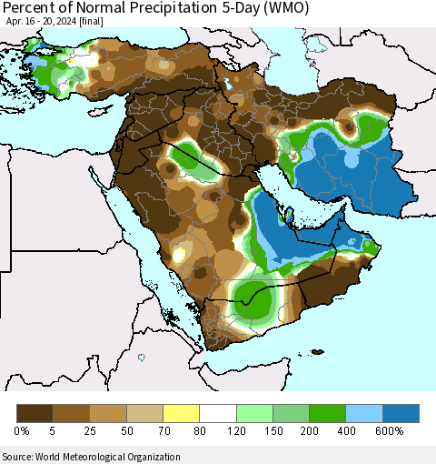 Middle East and Turkey Percent of Normal Precipitation 5-Day (WMO) Thematic Map For 4/16/2024 - 4/20/2024