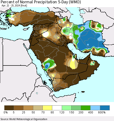 Middle East and Turkey Percent of Normal Precipitation 5-Day (WMO) Thematic Map For 4/21/2024 - 4/25/2024