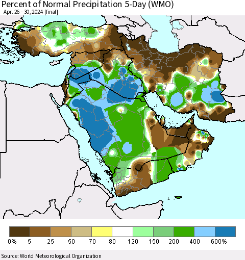 Middle East and Turkey Percent of Normal Precipitation 5-Day (WMO) Thematic Map For 4/26/2024 - 4/30/2024