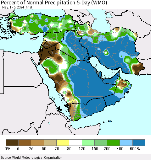 Middle East and Turkey Percent of Normal Precipitation 5-Day (WMO) Thematic Map For 5/1/2024 - 5/5/2024