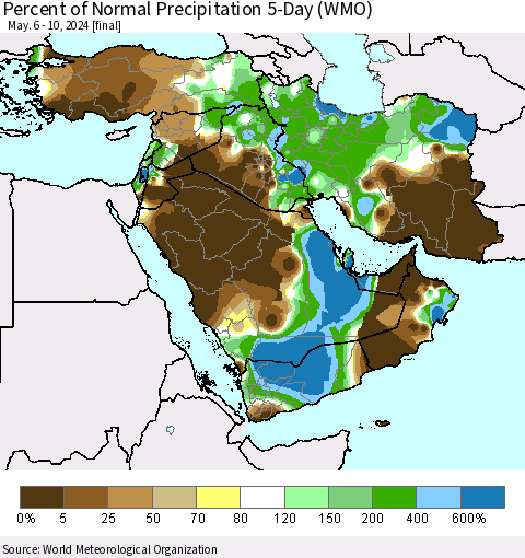 Middle East and Turkey Percent of Normal Precipitation 5-Day (WMO) Thematic Map For 5/6/2024 - 5/10/2024