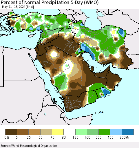 Middle East and Turkey Percent of Normal Precipitation 5-Day (WMO) Thematic Map For 5/11/2024 - 5/15/2024