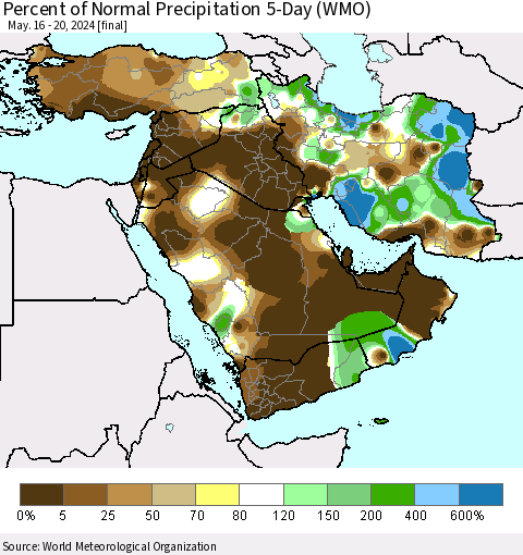Middle East and Turkey Percent of Normal Precipitation 5-Day (WMO) Thematic Map For 5/16/2024 - 5/20/2024
