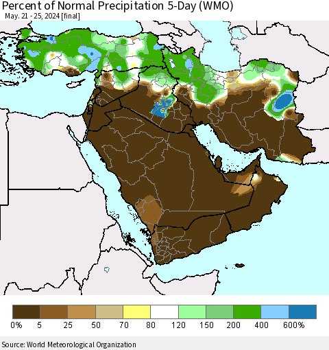 Middle East and Turkey Percent of Normal Precipitation 5-Day (WMO) Thematic Map For 5/21/2024 - 5/25/2024