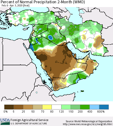 Middle East and Turkey Percent of Normal Precipitation 2-Month (WMO) Thematic Map For 2/6/2020 - 4/5/2020