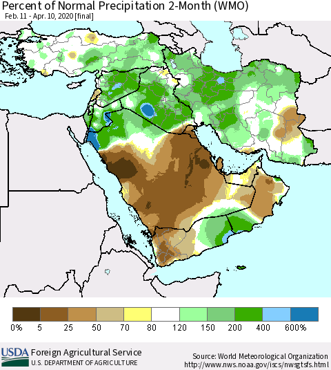 Middle East and Turkey Percent of Normal Precipitation 2-Month (WMO) Thematic Map For 2/11/2020 - 4/10/2020