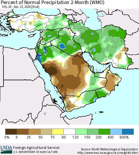 Middle East and Turkey Percent of Normal Precipitation 2-Month (WMO) Thematic Map For 2/16/2020 - 4/15/2020