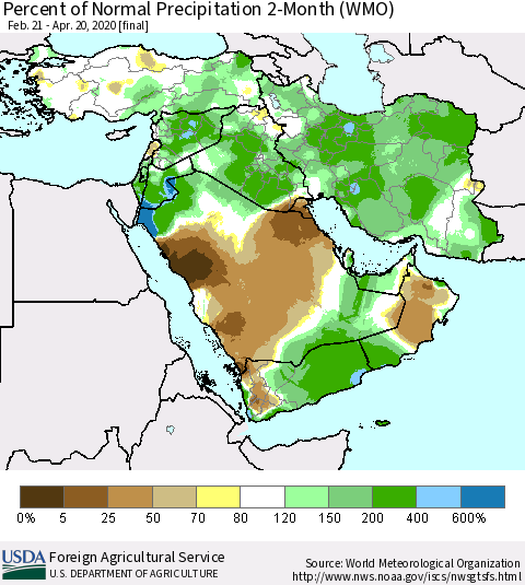 Middle East and Turkey Percent of Normal Precipitation 2-Month (WMO) Thematic Map For 2/21/2020 - 4/20/2020