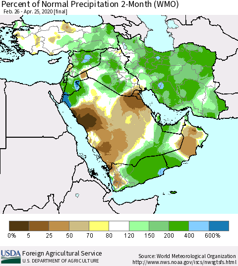 Middle East and Turkey Percent of Normal Precipitation 2-Month (WMO) Thematic Map For 2/26/2020 - 4/25/2020