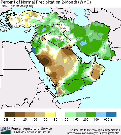 Middle East and Turkey Percent of Normal Precipitation 2-Month (WMO) Thematic Map For 3/1/2020 - 4/30/2020