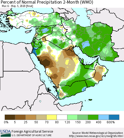 Middle East and Turkey Percent of Normal Precipitation 2-Month (WMO) Thematic Map For 3/6/2020 - 5/5/2020