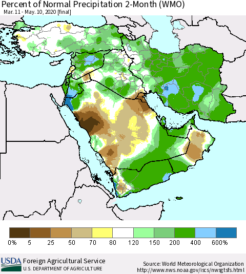 Middle East and Turkey Percent of Normal Precipitation 2-Month (WMO) Thematic Map For 3/11/2020 - 5/10/2020