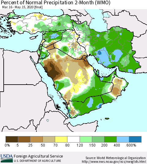 Middle East and Turkey Percent of Normal Precipitation 2-Month (WMO) Thematic Map For 3/16/2020 - 5/15/2020