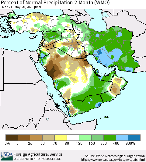 Middle East and Turkey Percent of Normal Precipitation 2-Month (WMO) Thematic Map For 3/21/2020 - 5/20/2020