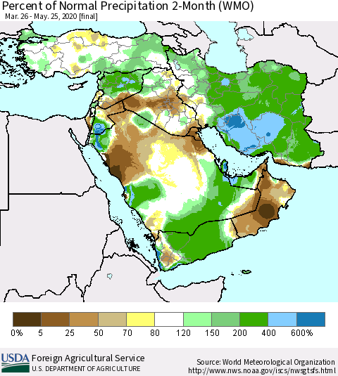 Middle East and Turkey Percent of Normal Precipitation 2-Month (WMO) Thematic Map For 3/26/2020 - 5/25/2020