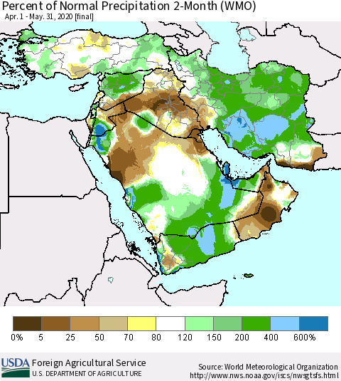 Middle East and Turkey Percent of Normal Precipitation 2-Month (WMO) Thematic Map For 4/1/2020 - 5/31/2020