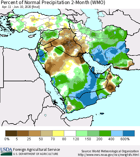 Middle East and Turkey Percent of Normal Precipitation 2-Month (WMO) Thematic Map For 4/11/2020 - 6/10/2020