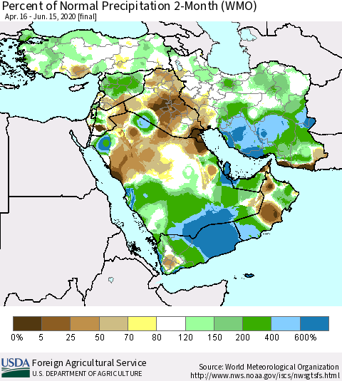 Middle East and Turkey Percent of Normal Precipitation 2-Month (WMO) Thematic Map For 4/16/2020 - 6/15/2020