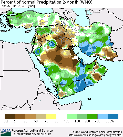 Middle East and Turkey Percent of Normal Precipitation 2-Month (WMO) Thematic Map For 4/26/2020 - 6/25/2020