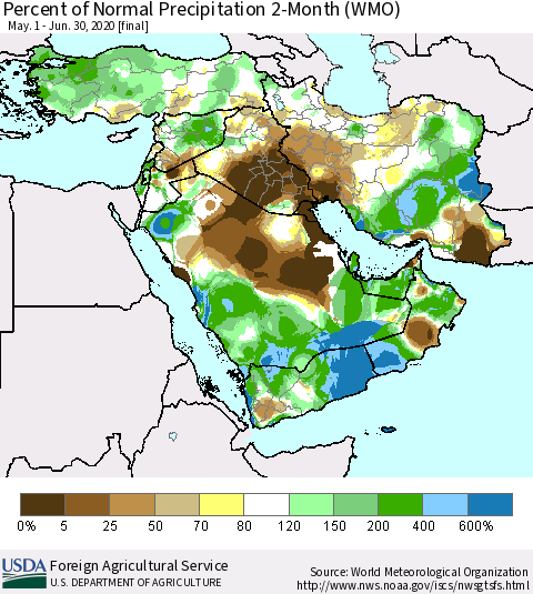 Middle East and Turkey Percent of Normal Precipitation 2-Month (WMO) Thematic Map For 5/1/2020 - 6/30/2020