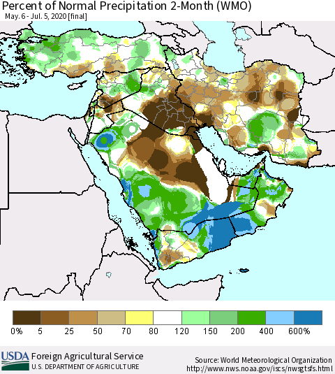 Middle East and Turkey Percent of Normal Precipitation 2-Month (WMO) Thematic Map For 5/6/2020 - 7/5/2020