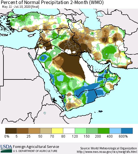 Middle East and Turkey Percent of Normal Precipitation 2-Month (WMO) Thematic Map For 5/11/2020 - 7/10/2020