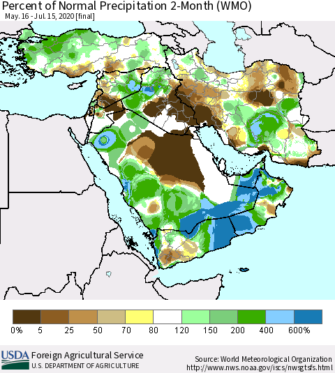 Middle East and Turkey Percent of Normal Precipitation 2-Month (WMO) Thematic Map For 5/16/2020 - 7/15/2020
