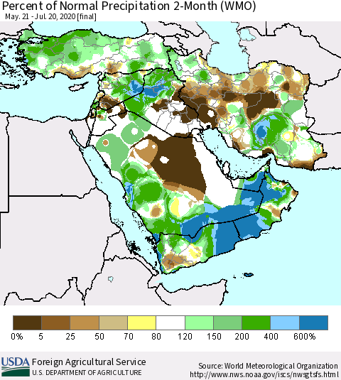 Middle East and Turkey Percent of Normal Precipitation 2-Month (WMO) Thematic Map For 5/21/2020 - 7/20/2020