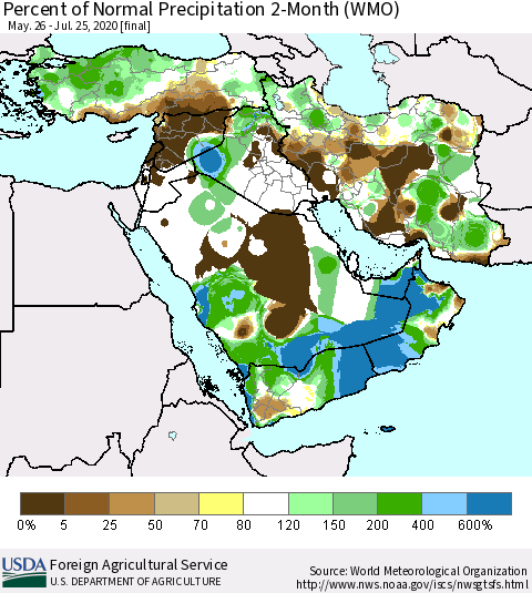 Middle East and Turkey Percent of Normal Precipitation 2-Month (WMO) Thematic Map For 5/26/2020 - 7/25/2020