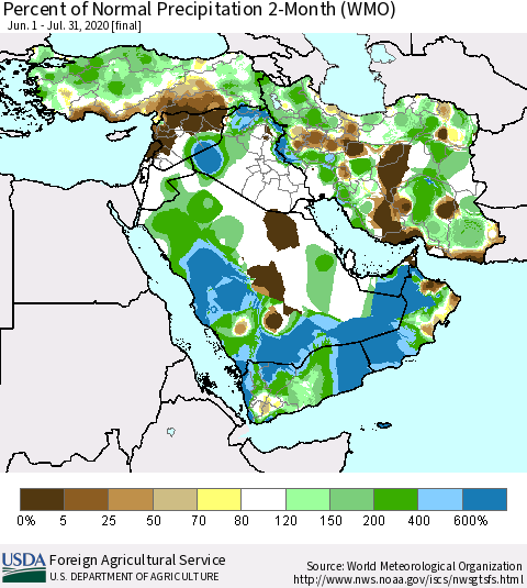 Middle East and Turkey Percent of Normal Precipitation 2-Month (WMO) Thematic Map For 6/1/2020 - 7/31/2020