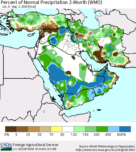 Middle East and Turkey Percent of Normal Precipitation 2-Month (WMO) Thematic Map For 6/6/2020 - 8/5/2020